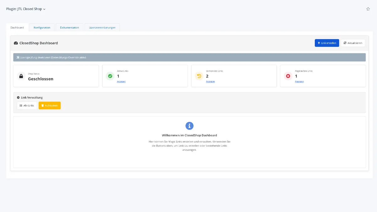 Dashboard des Closed-Shop-Plugins mit Shop-Status „Geschlossen“ und Zählern für aktive, verwendete und abgelaufene Links