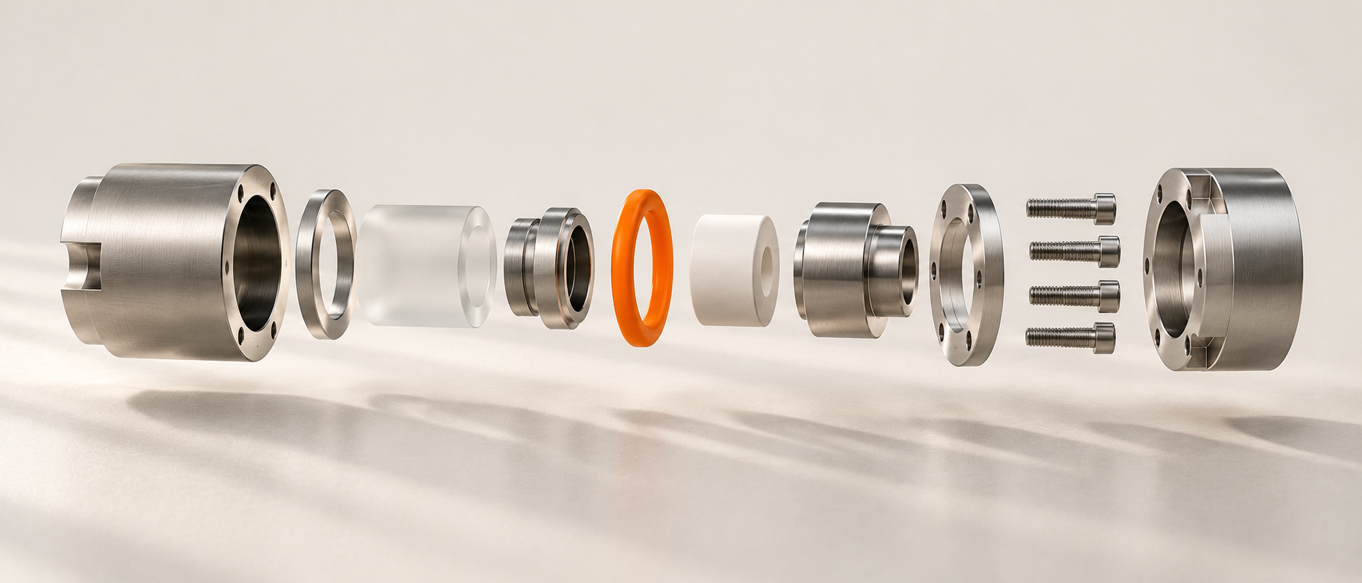 Technische Explosionszeichnung eines mechanischen Bauteils als physisches Modell, die Einzelteile schwebend in exaktem Abstand
