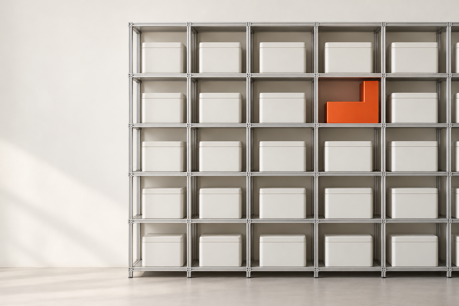 Modulares Regalsystem aus hellem Aluminium, in das ein einzelnes, abweichend geformtes Bauteil exakt eingepasst ist