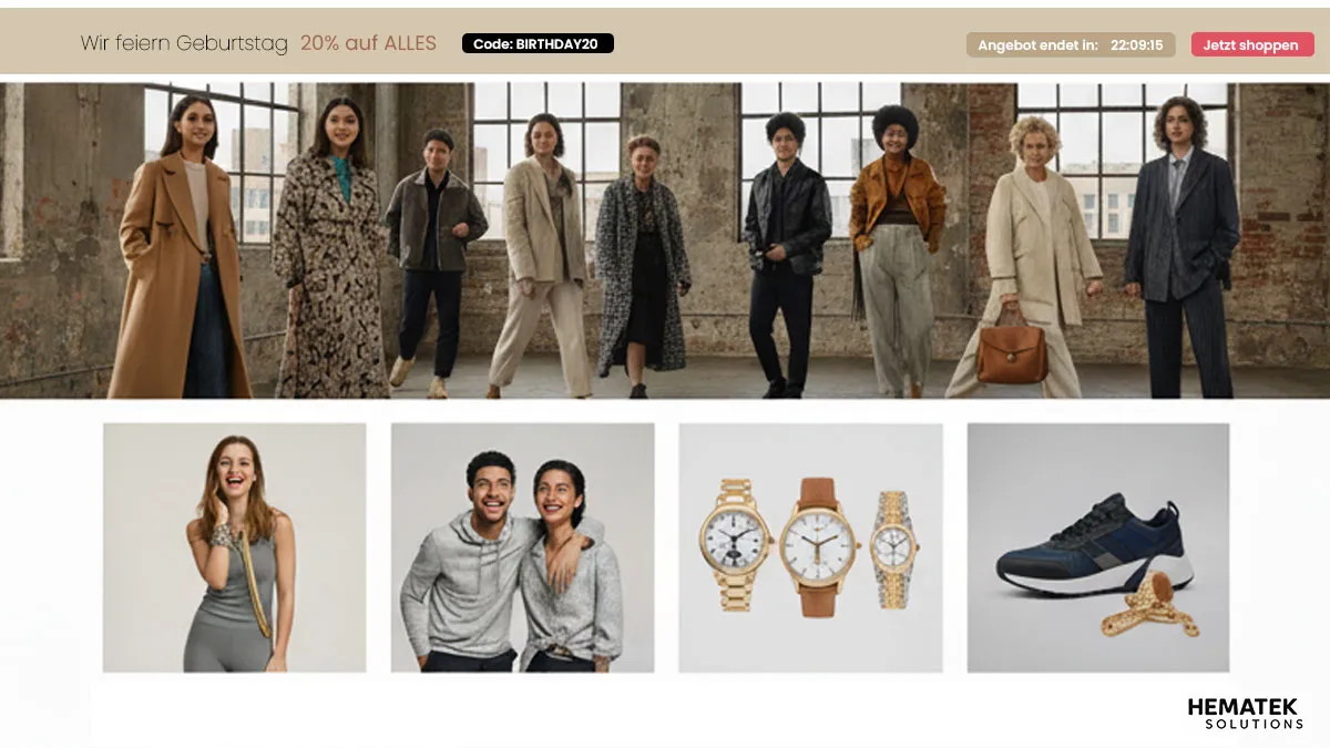 Beispielshop mit PromoBar am oberen Rand: Aktionstext „Wir feiern Geburtstag – 20 % auf alles“, Gutscheincode, Countdown und Button „Jetzt shoppen“